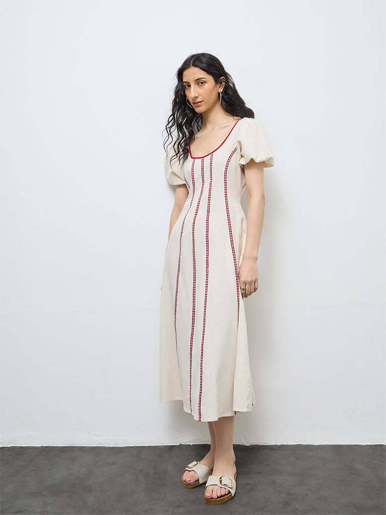 Bombay Paisley Off-White Striped Cotton-Blend A-Line Dress
