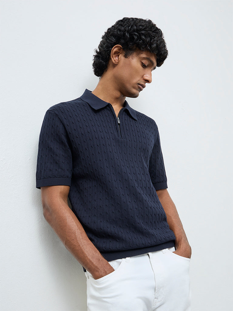 Ascot Navy Cable-Knit Relaxed-Fit Cotton Polo T-Shirt