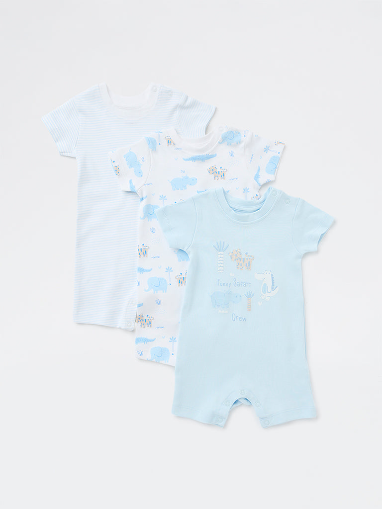 HOP Baby Boys Blue Printed Cotton Romper - Pack of 3