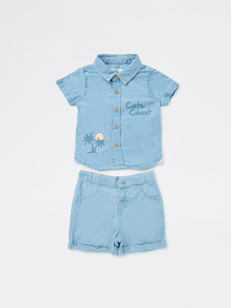 HOP Baby Boys Blue Embroidered Denim Shirt and Shorts Set