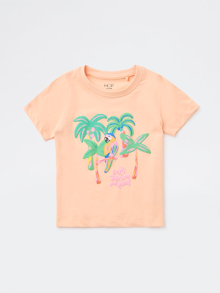 HOP Kids Girls Peach Tropical Printed Cotton T-Shirt