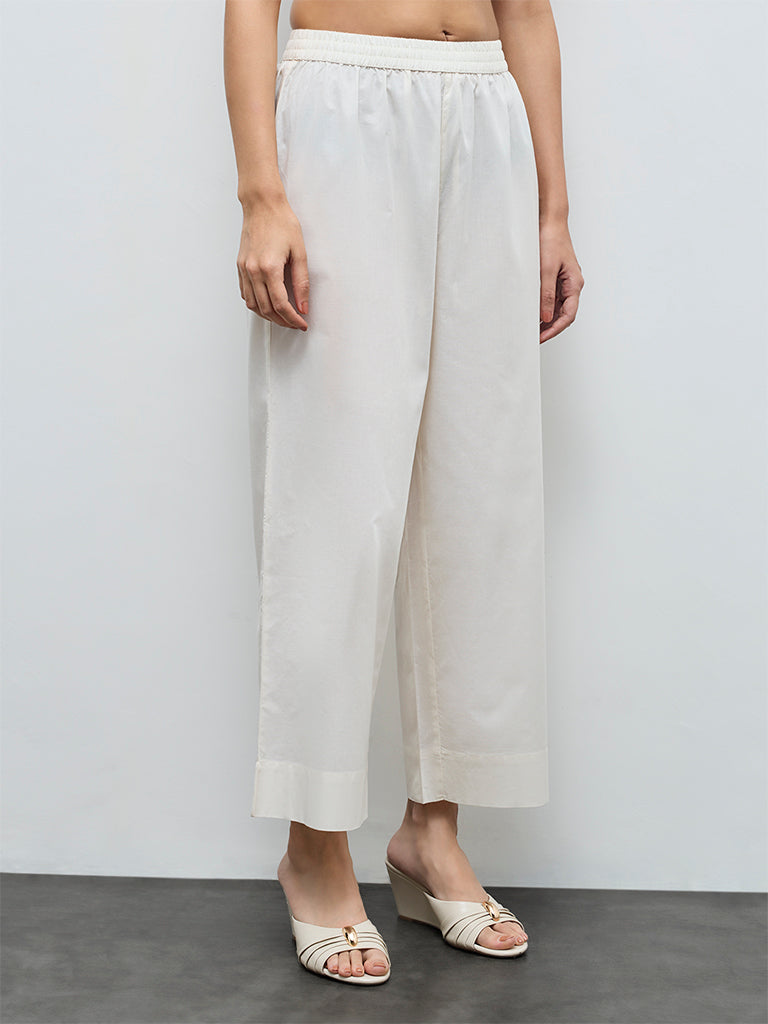 Zuba Off-White Solid Cotton Palazzos