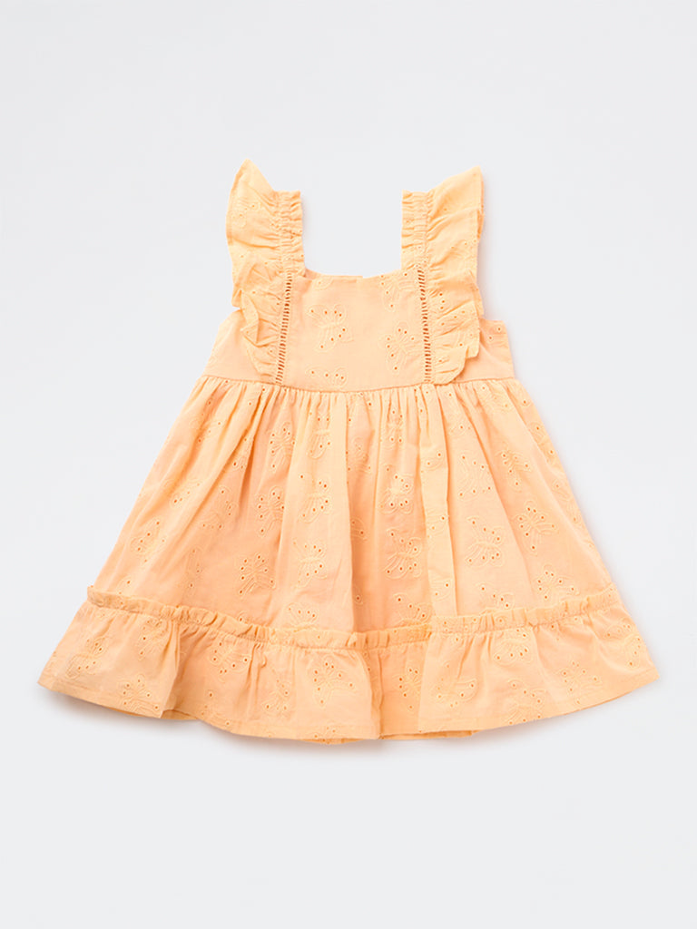 HOP Baby Girls Peach Embroidered Fit-and-Flare Cotton Dress