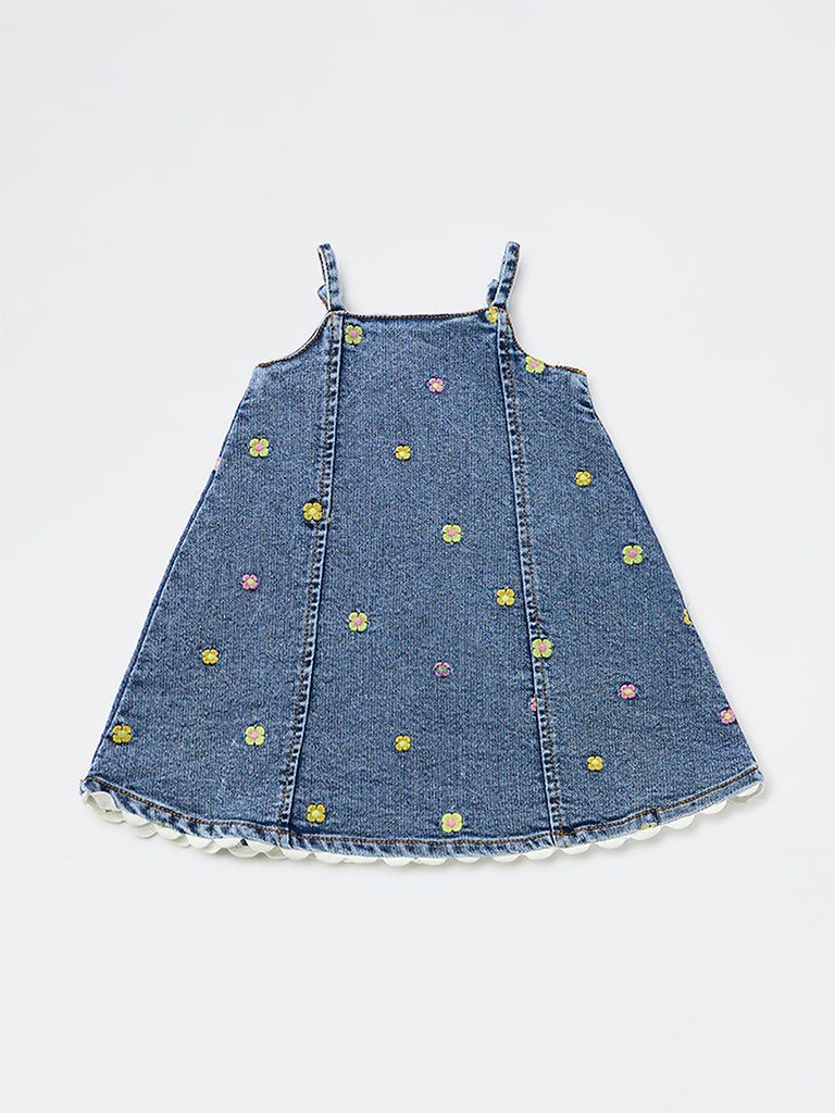 HOP Baby Girls Blue Floral Embroidered Denim Dress