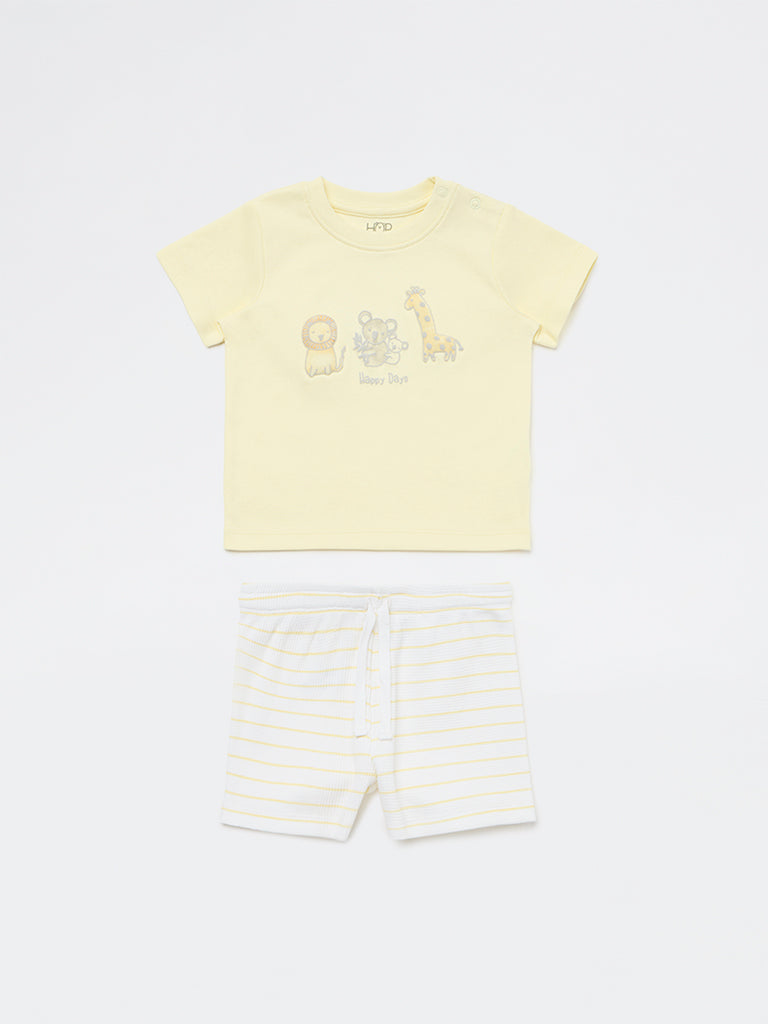 HOP Baby Boys Yellow Animal Printed Cotton T-Shirt and Shorts Set