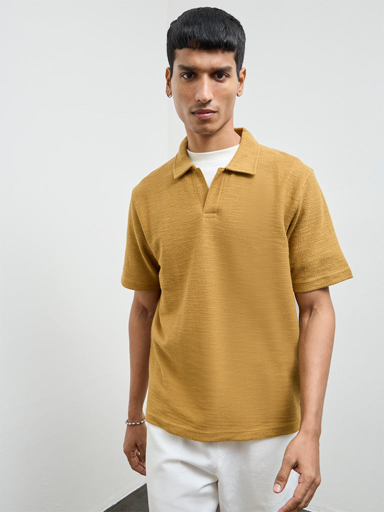 ETA Mustard Self-Textured Relaxed-Fit Cotton-Blend Polo T-Shirt