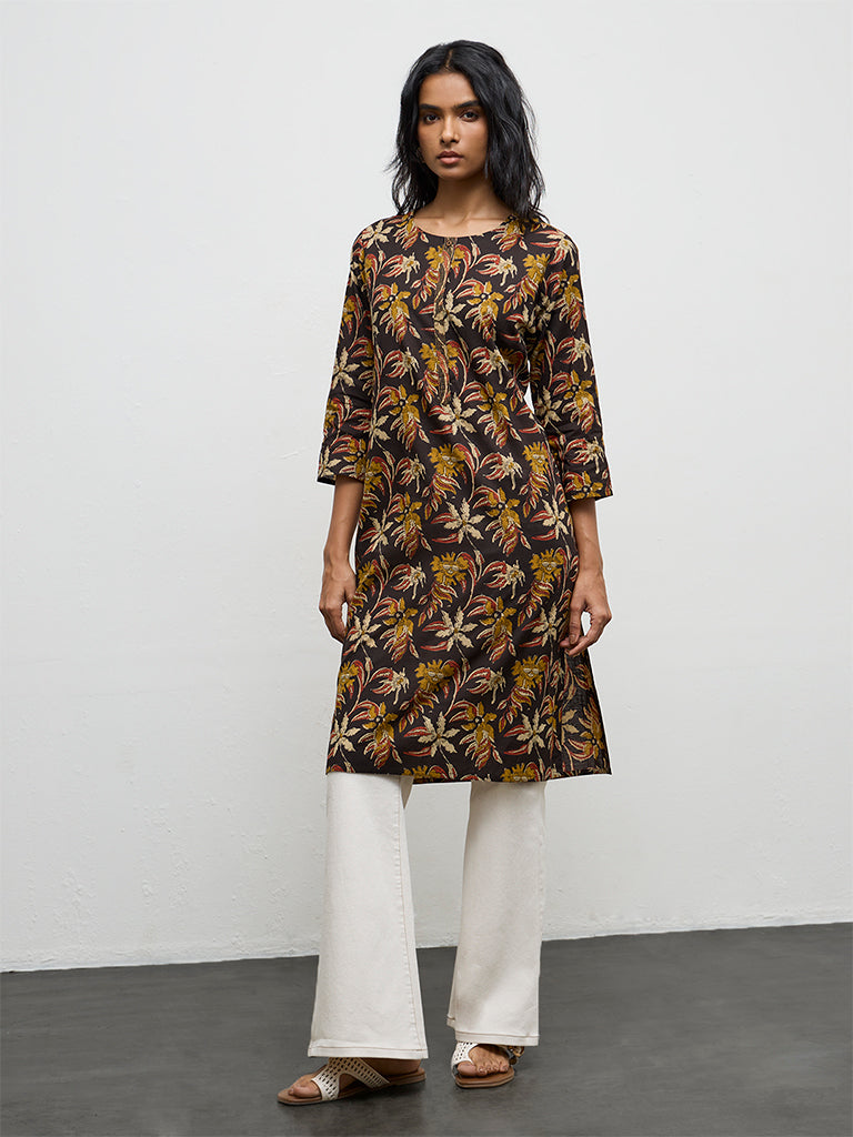 Utsa Black Floral Printed Cotton Straight Kurta