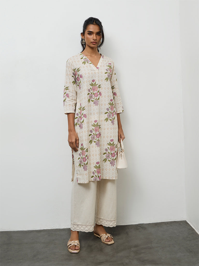 Utsa Beige Floral Design Cotton A-Line Kurta