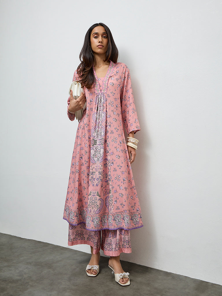 Utsa Dusty Pink Argyle Printed A-Line Kurta