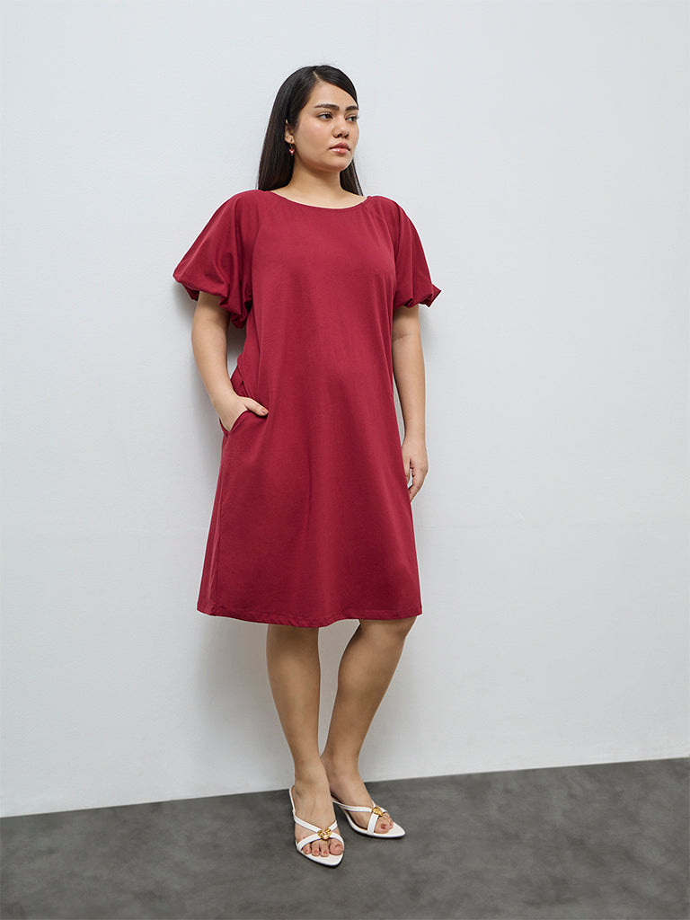 Gia Red Solid Cotton Straight Dress