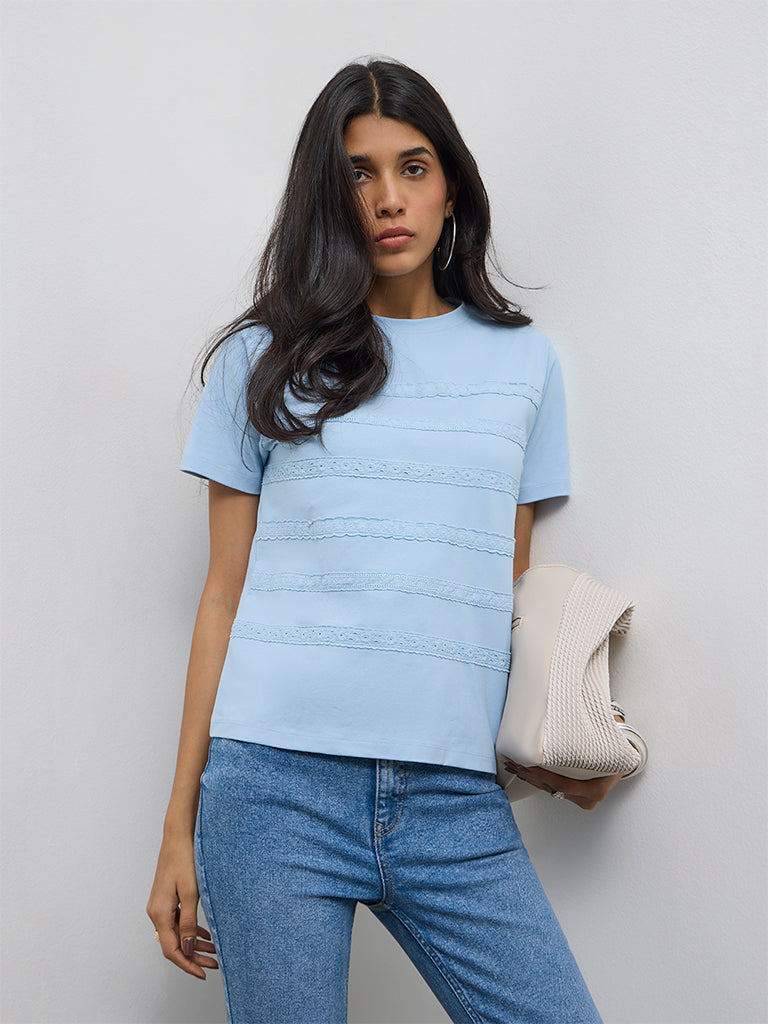 LOV Blue Lace Embroidered Cotton-Blend T-Shirt