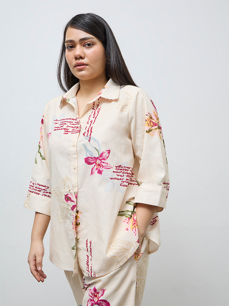 Gia Cream Floral Pattern Cotton-Blend Shirt