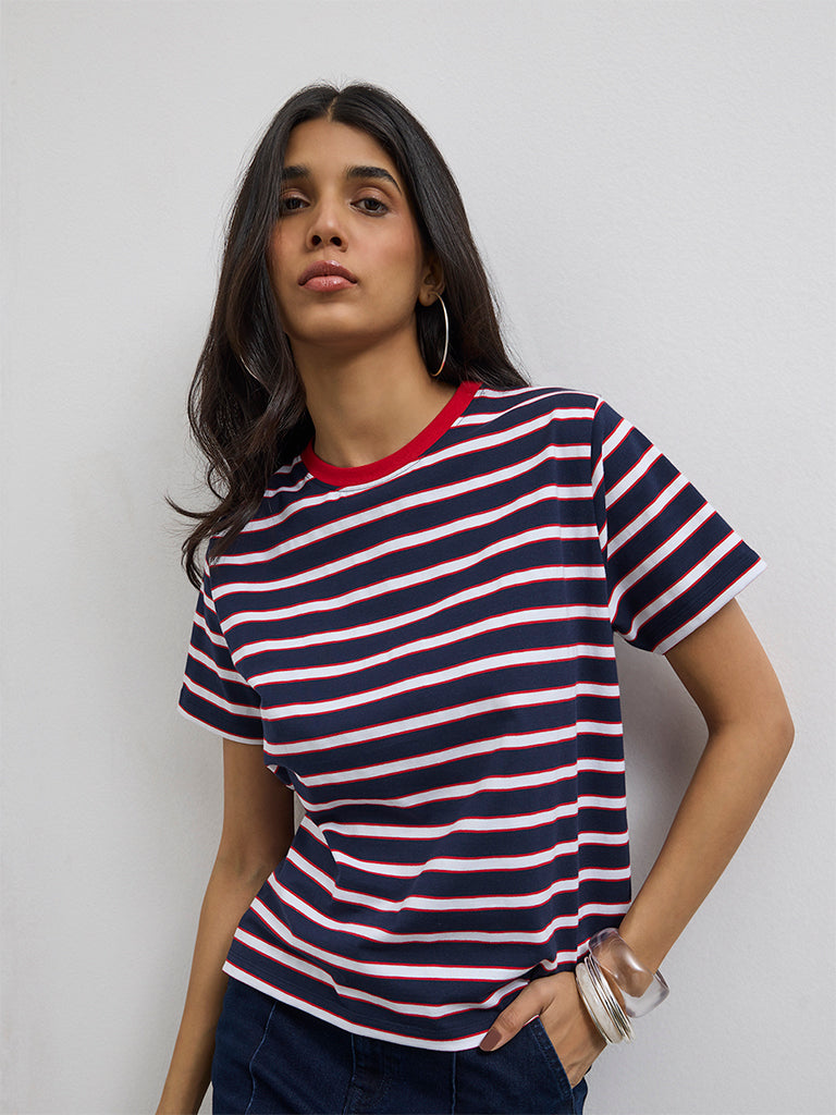 LOV Navy Striped Printed Cotton-Blend T-Shirt