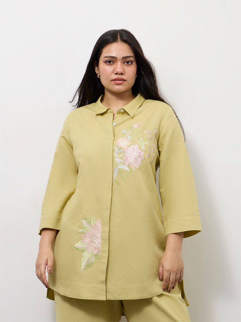 Diza Light Green Floral Embroidered Linen-Blend Tunic