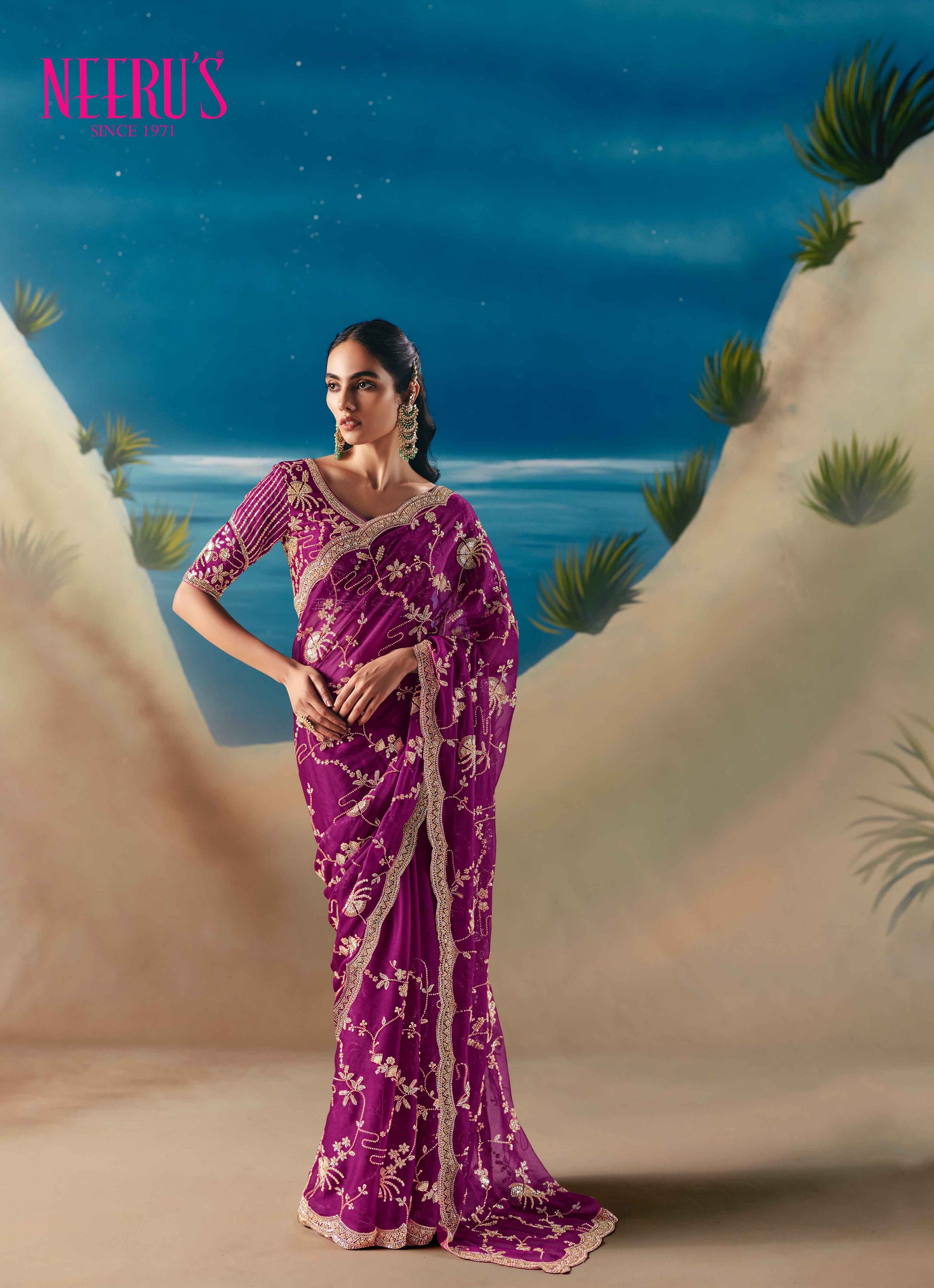 Magenta Tissue Saree With Heavy Stone And Hand Embroidery Work