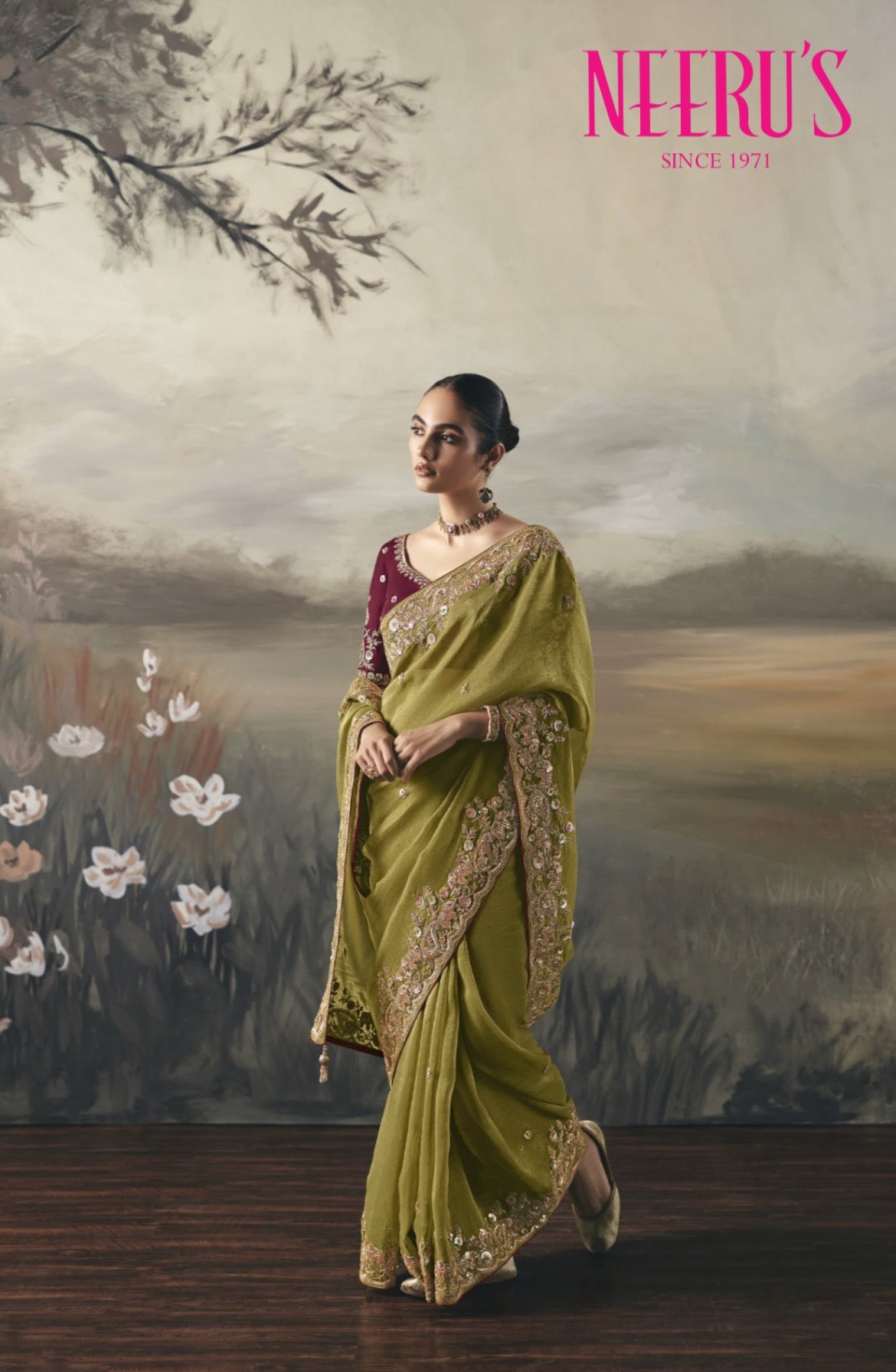 Mehadi Green Tissue Hand Embroirdery Saree