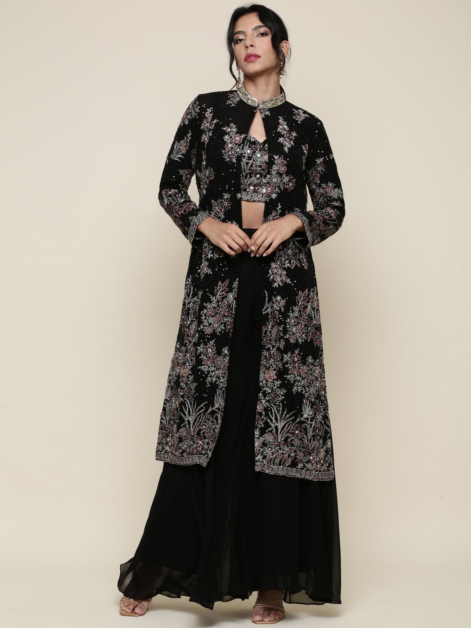 Black georgette embroidered crop top jacket and palazzo set