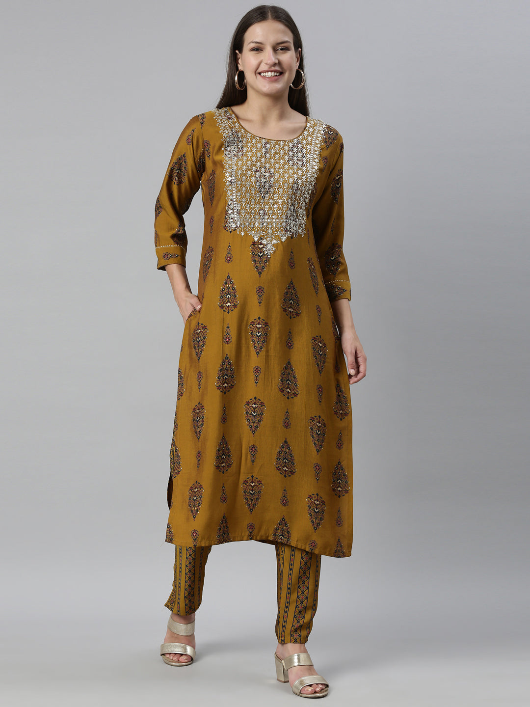 Neeru's Gold Color Model Fabric Kurta Set