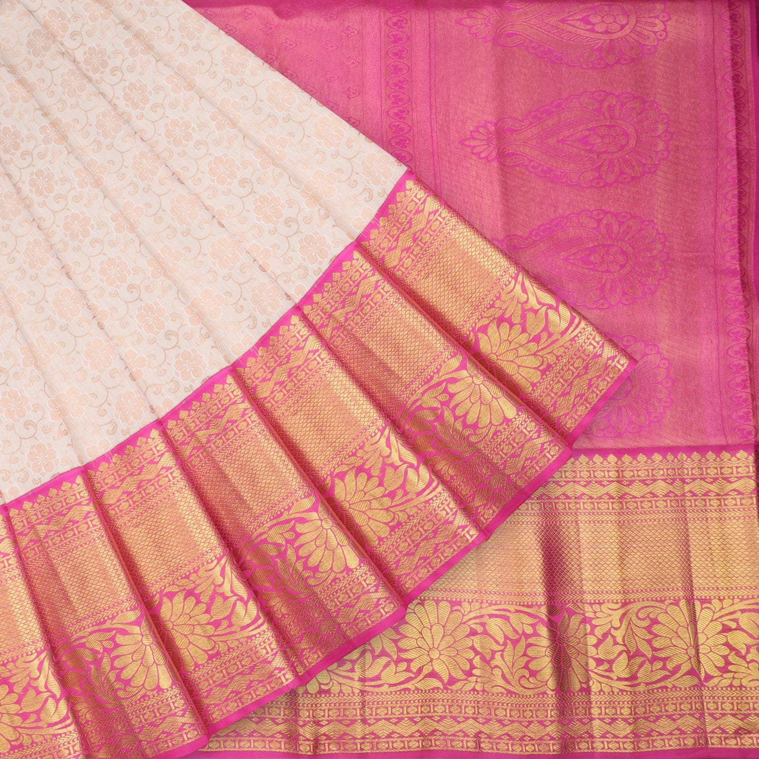 Cloud White Kanjivaram Silk Saree With Floral Pattern