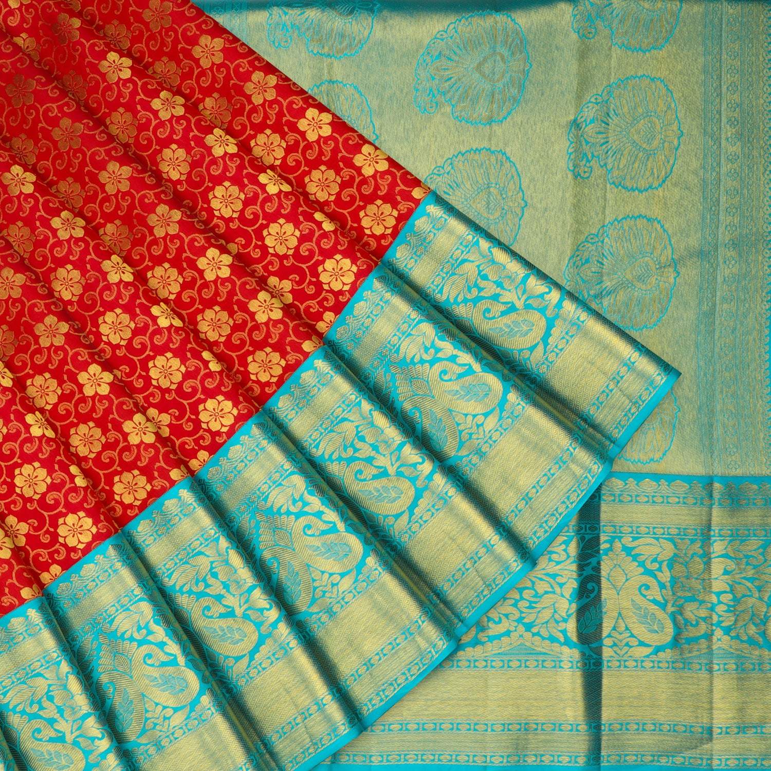 Cardinal Red Kanjivaram Silk Saree With Floral Pattern