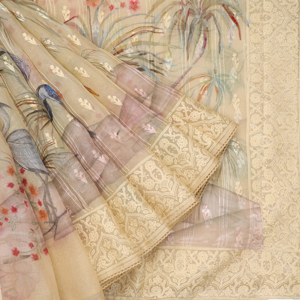 Beige Organza Saree With Stripes Pattern