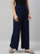 Women Solid Navy Viscose Mid Rise Knit Palazzos