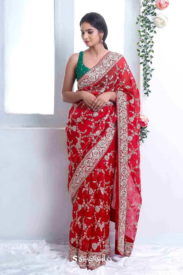 Crimson Red Organza Saree With Floral Embroidery