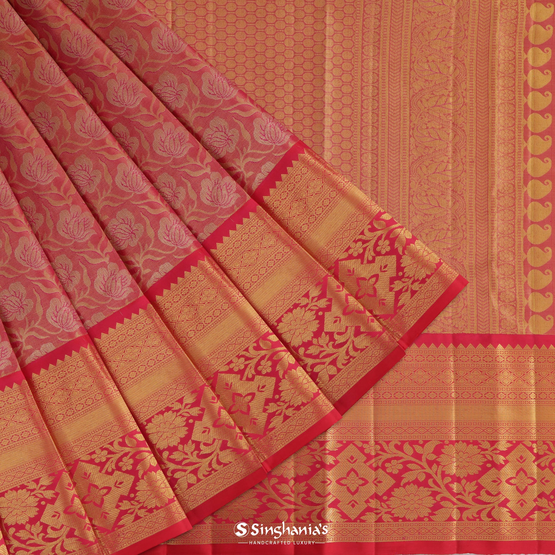 Amaranth Red Kanjivaram Silk Saree With Floral Jaal Pattern