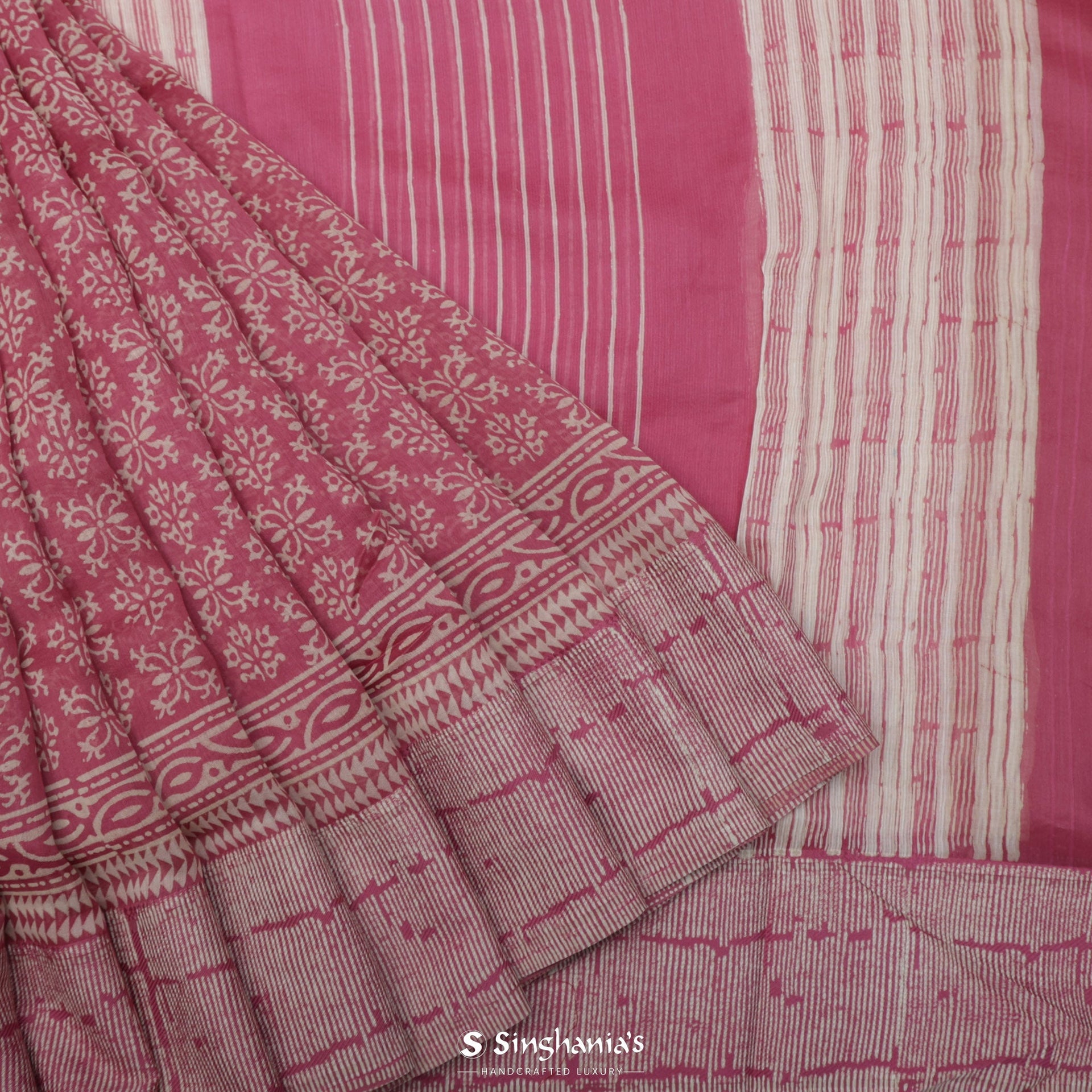 Blush Pink Printed Chanderi Silk Saree With Floral Motif Design