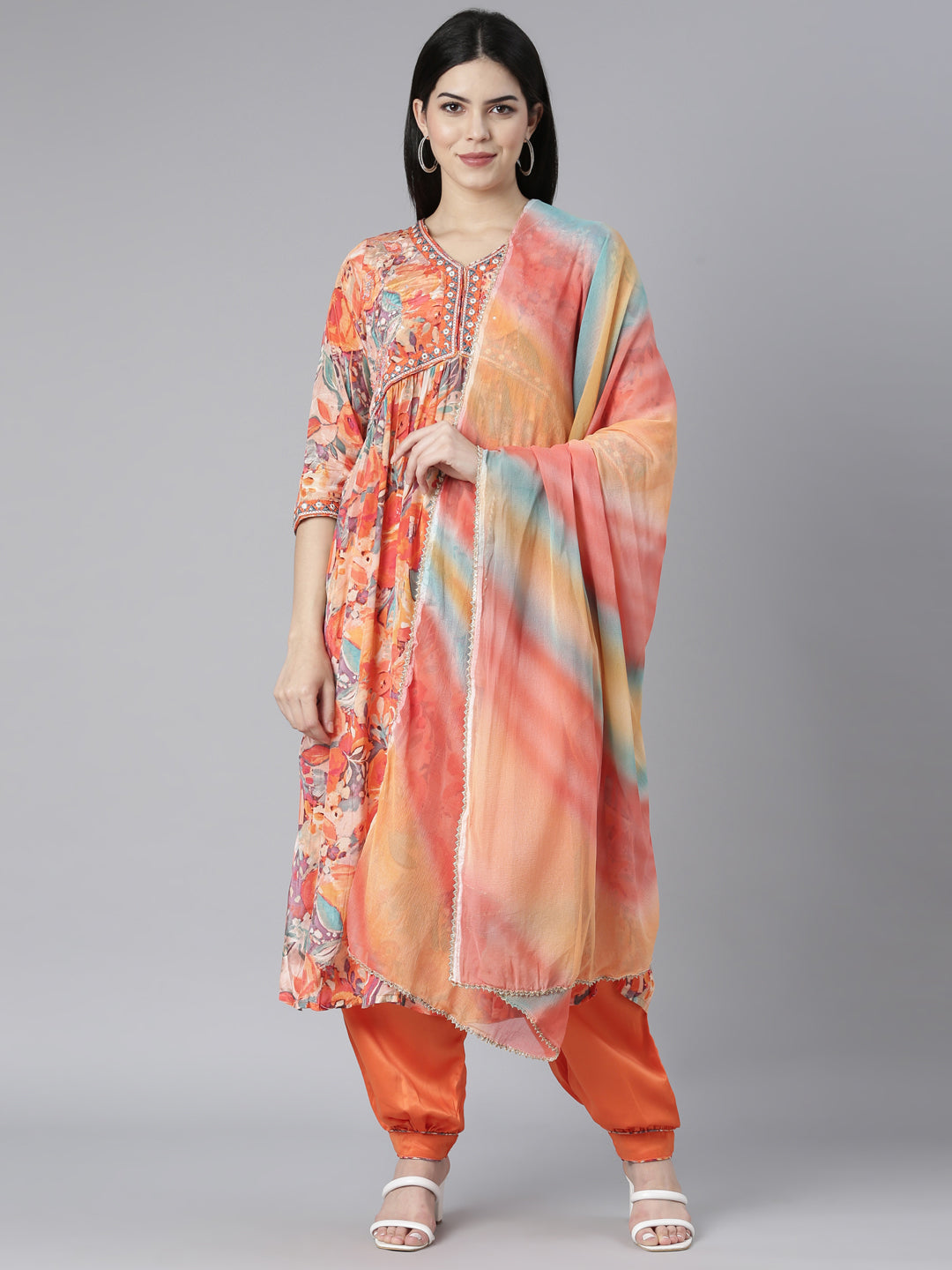 Neerus Orange Pleated Straight Floral Kurta And Salwar With Dupatta