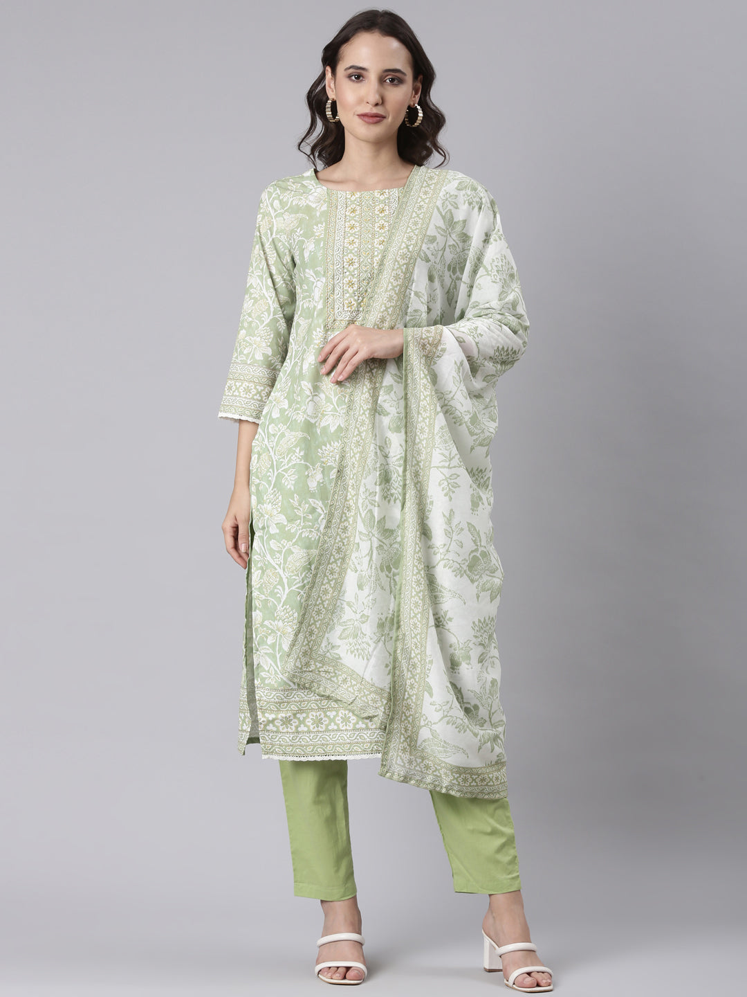 Green rayon printed three piece set