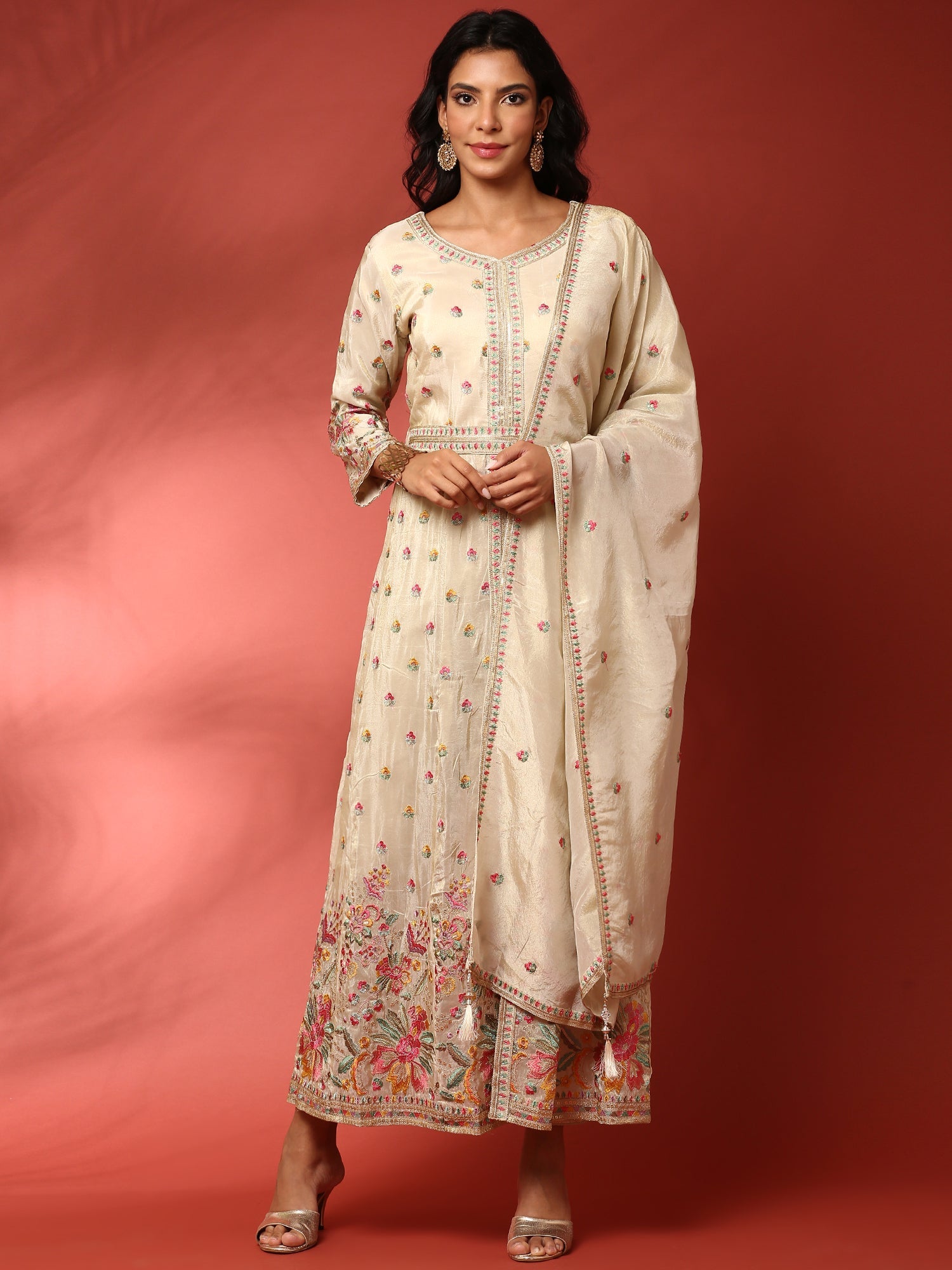 Cream floral thread work tissue fabric three piece anarkali set