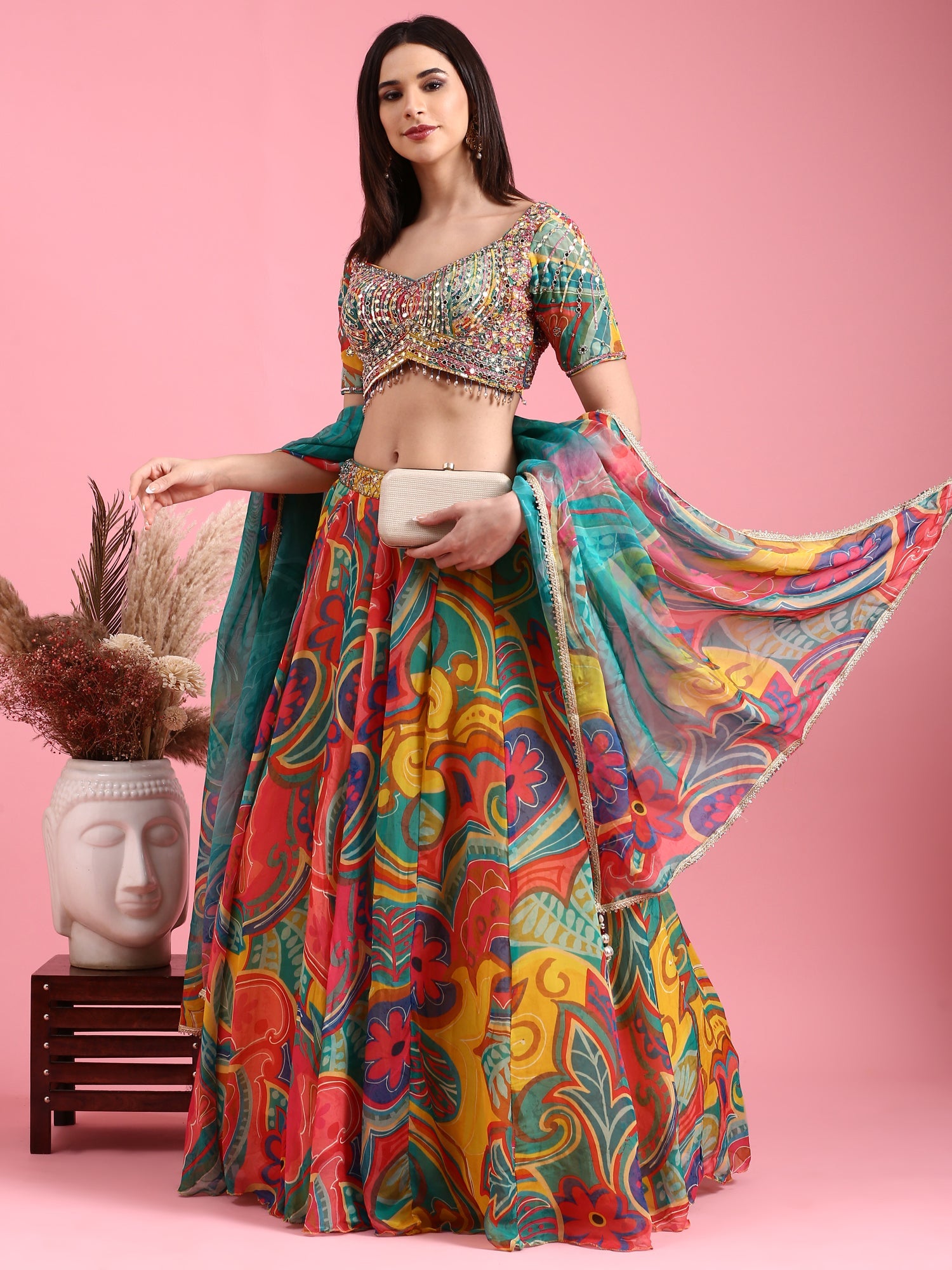 Multi-color Organza Printed Ghagra Choli Set
