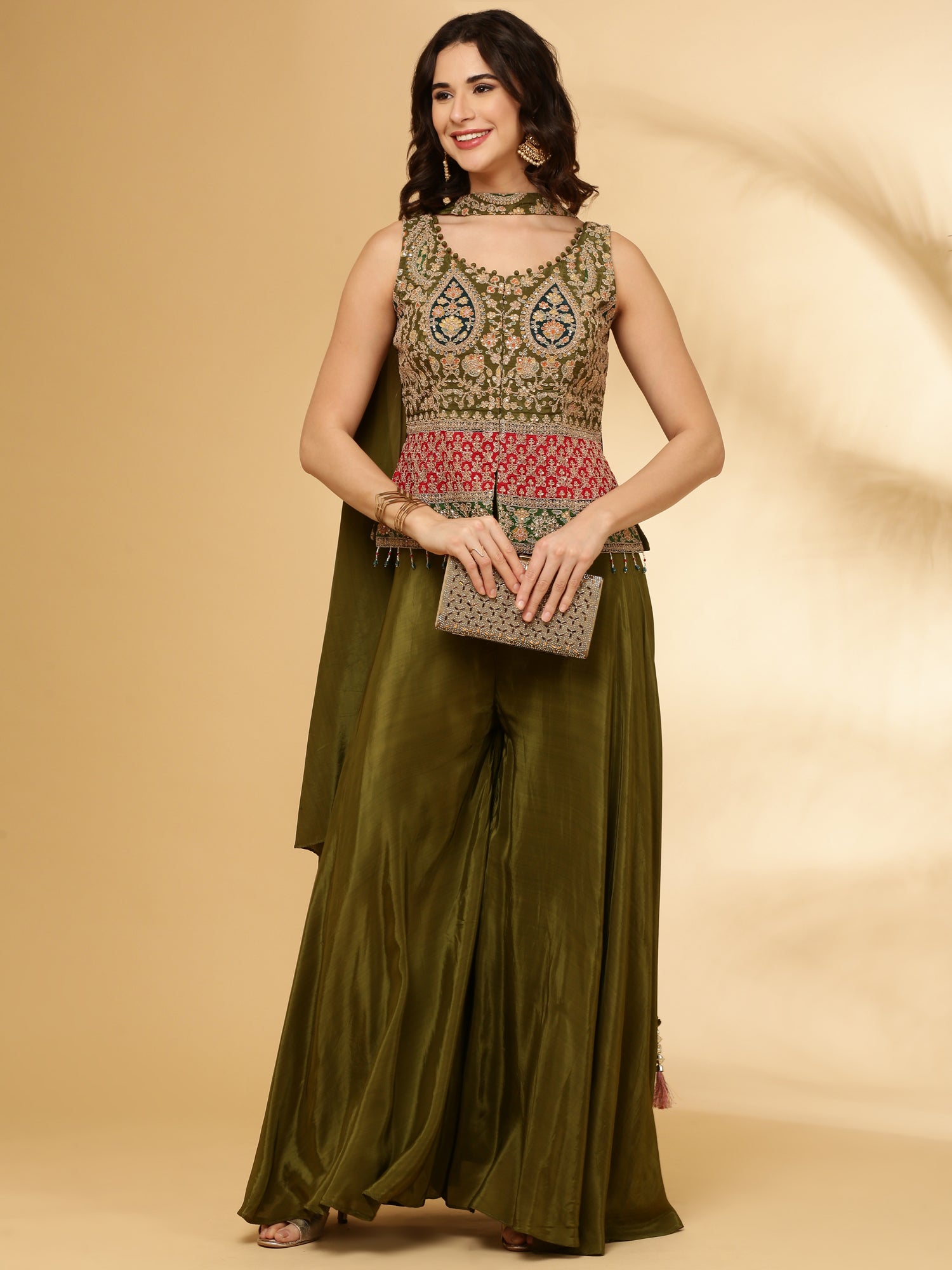 Mehadi Green Chinnon Crop Top Palazzo Set