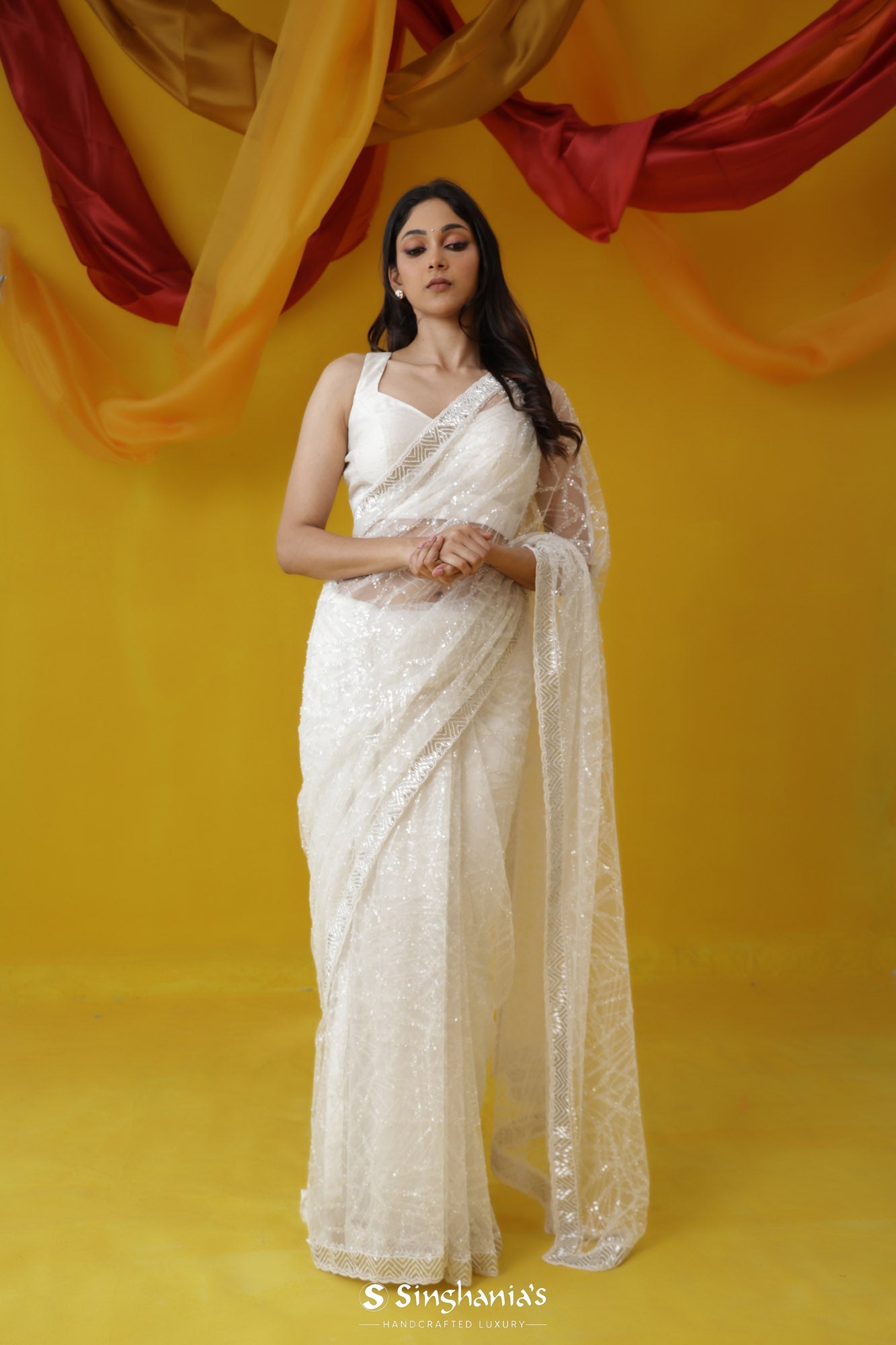 Half White Net Saree With Hand Embroidery