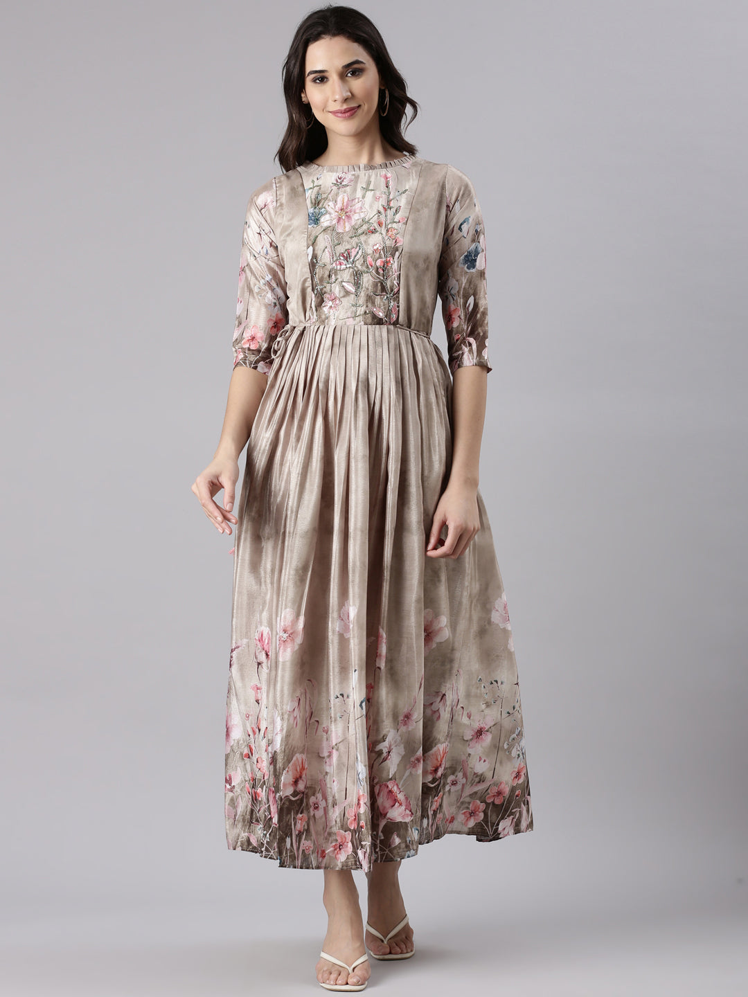 Beige Silk Printed Long Frock