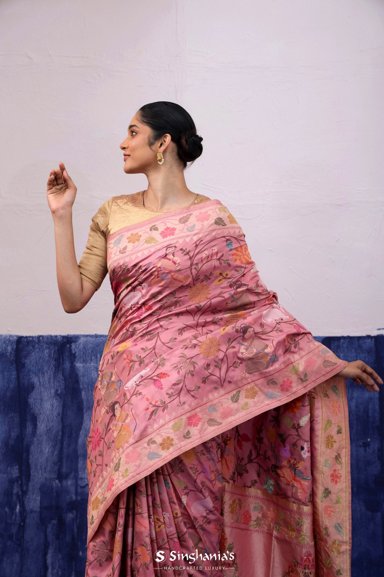 Baby Pink Banarasi Silk Saree With Floral, Fauna & Human Figures