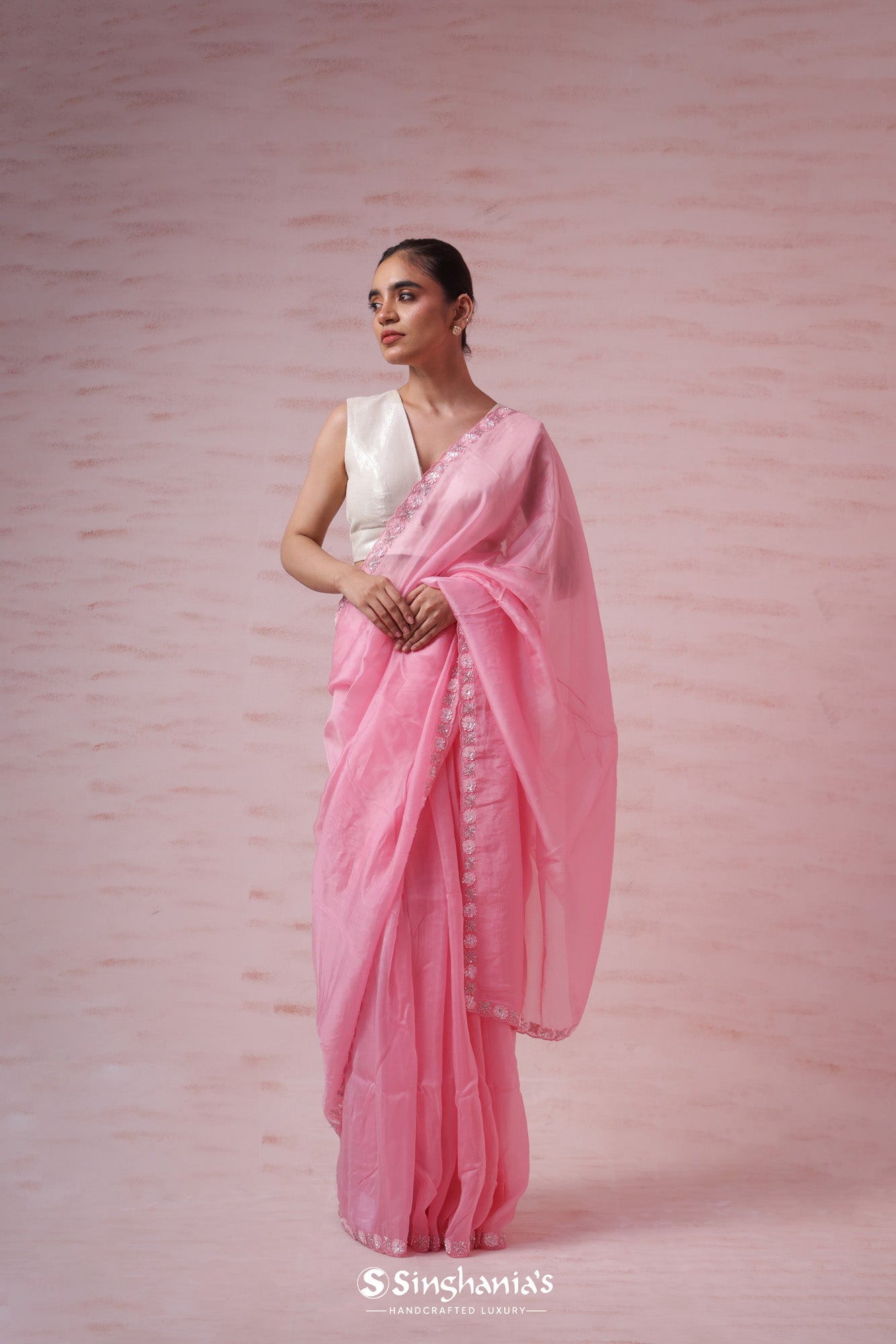 Flamingo Pink Organza Saree With Embroidery Border