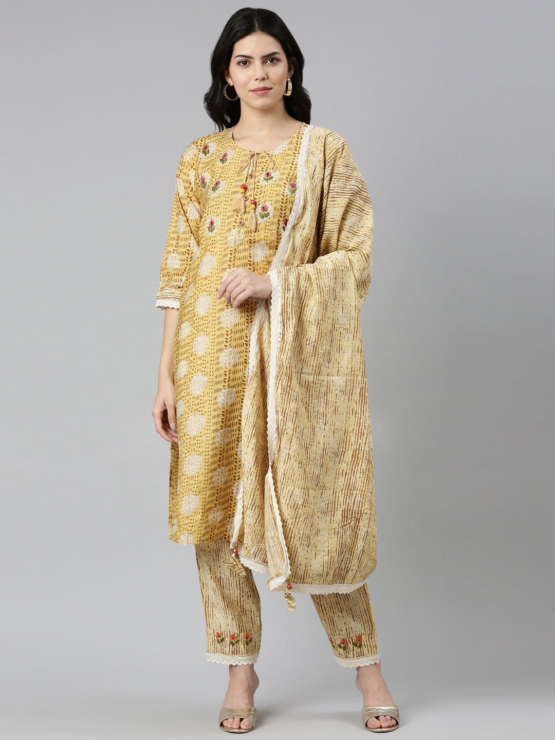 Neeru's Mustard Regular Straight Printed Readymade suits