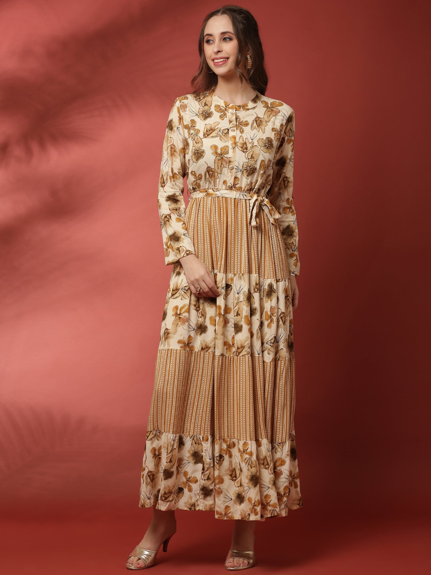 Beige rayon printed long dress with hand embroidery