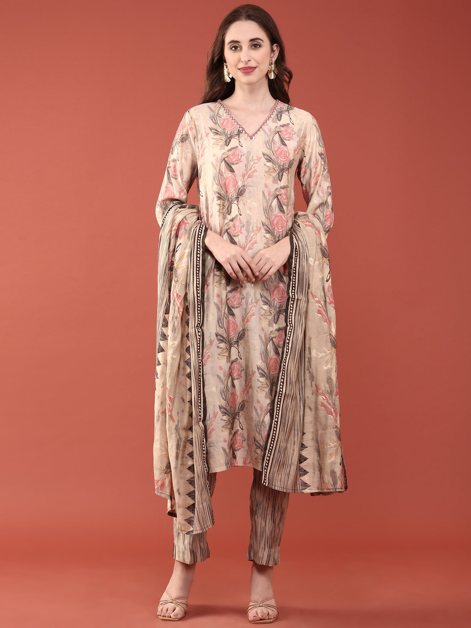 Beige Modal Silk Floral Digital Print Three Piece Set