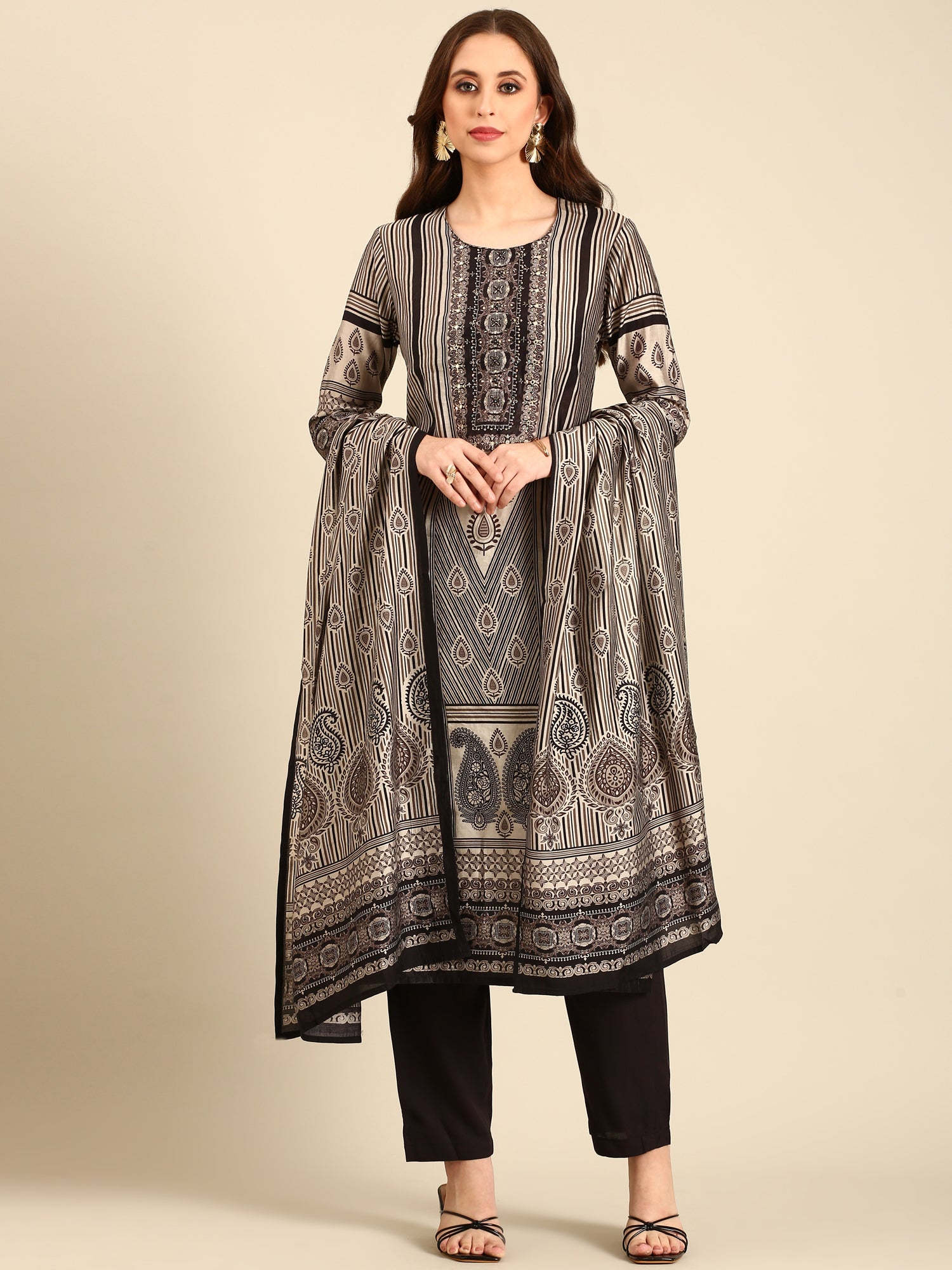 Beige and black printed embroidered three piece suit set