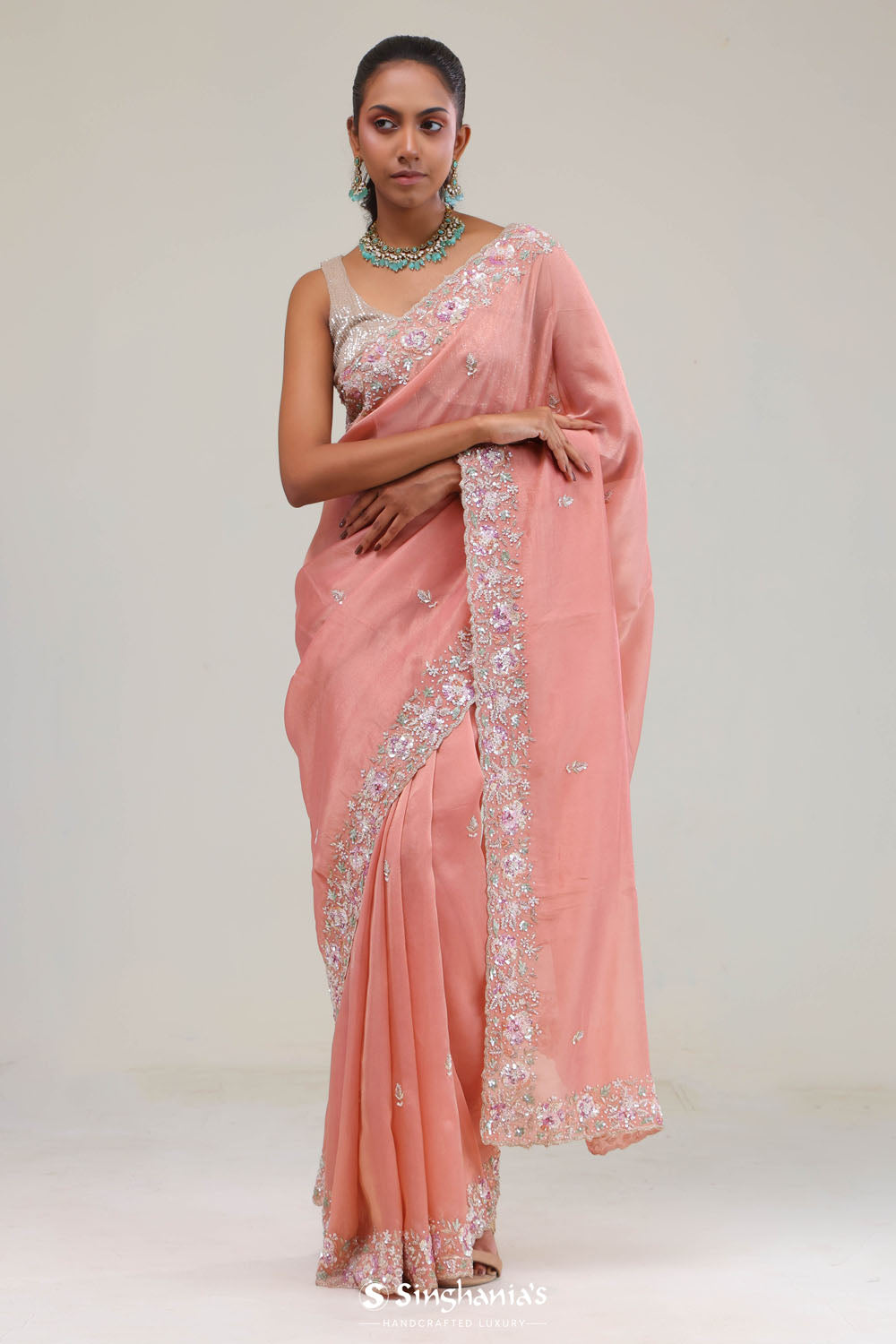 Apricot Peach Hand Crafted Tissue Saree
