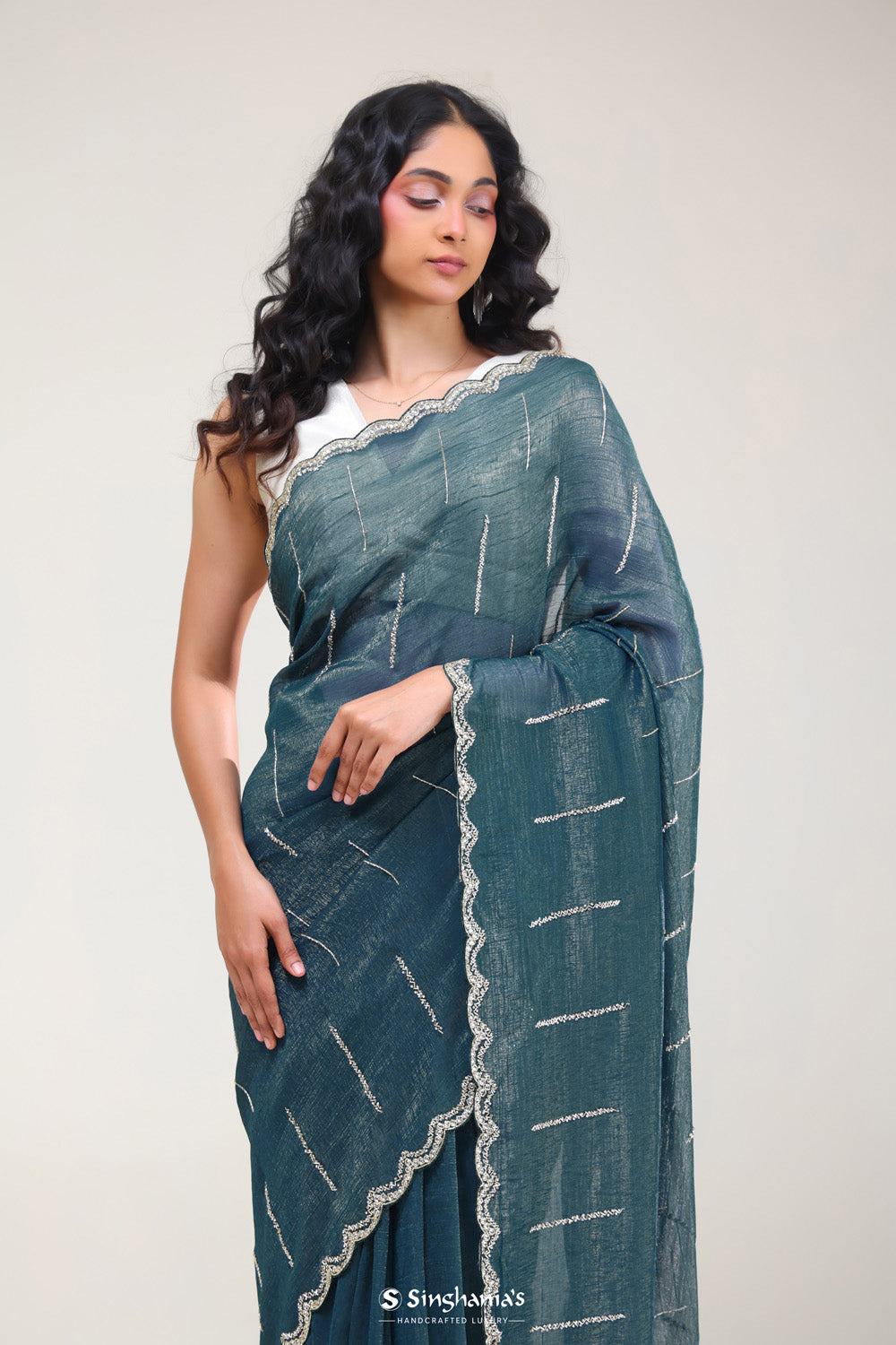 Dark Teal Handcrafted Tissue Saree