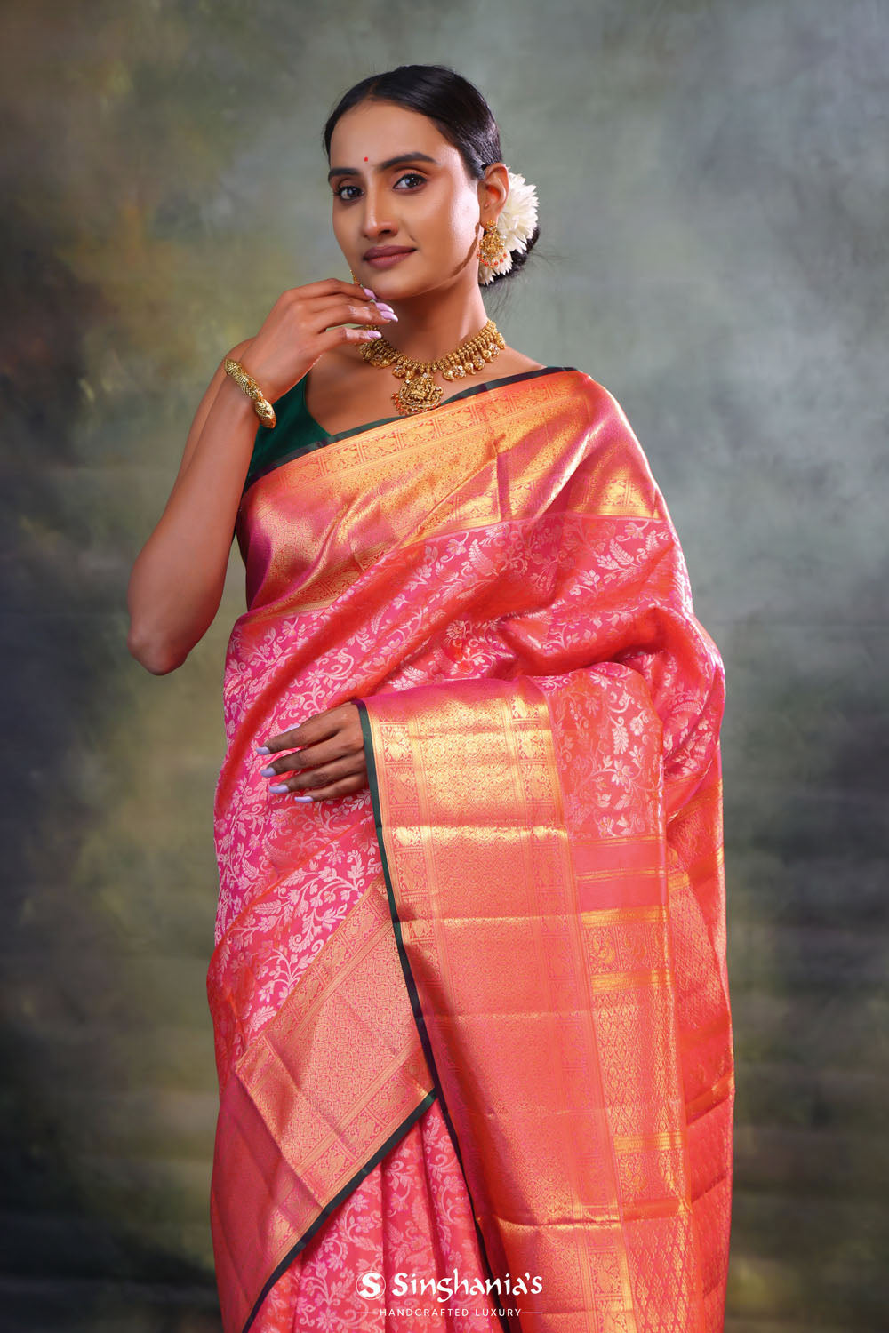 French Pink Flora Kanjivaram Silk Saree