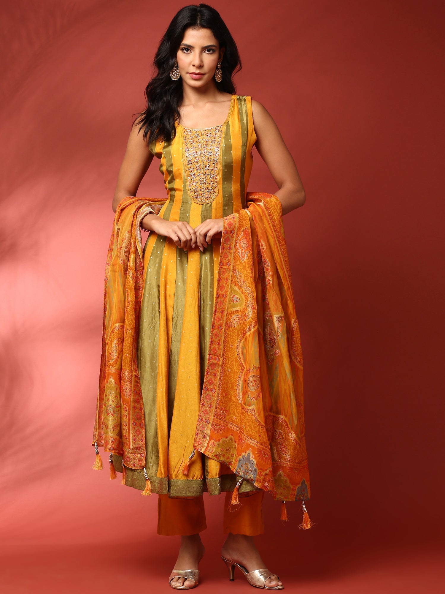 Mustard and green striped silk embroidered anarkali set