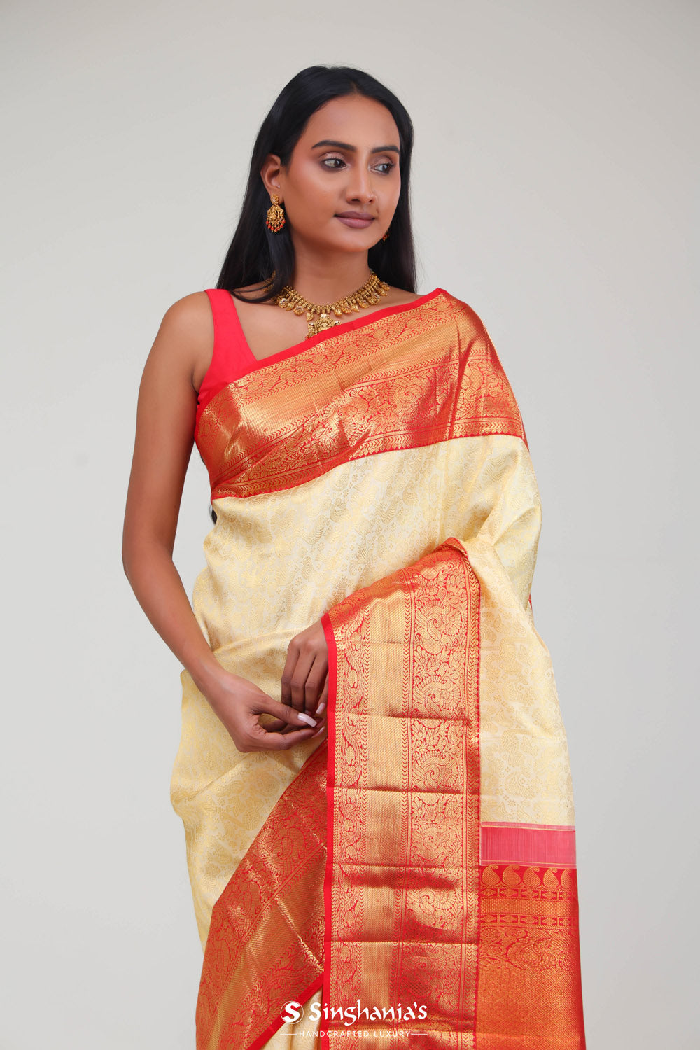 Cream White Kanjivaram Silk Jaal Saree