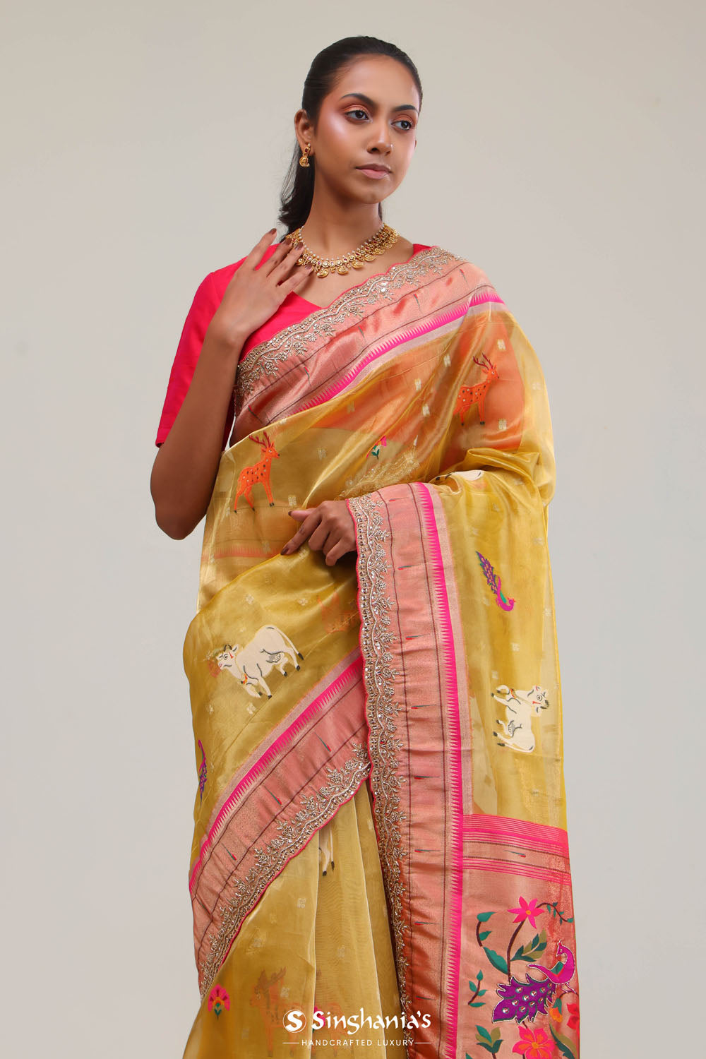 Gold Yellow Designer Tissue Saree With Paithani Border