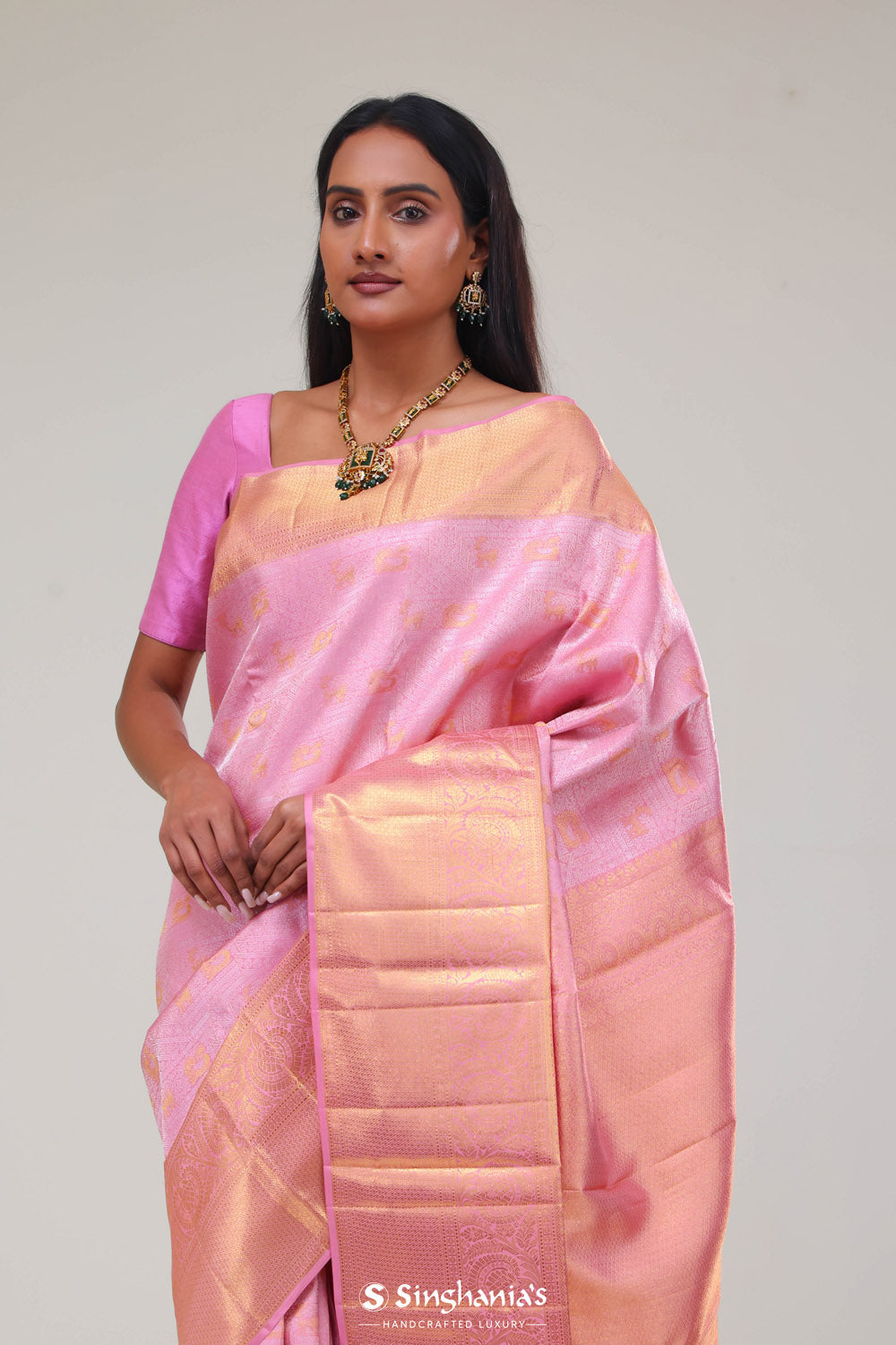 Carnation Pink Kanjivaram Silk Jaal Saree