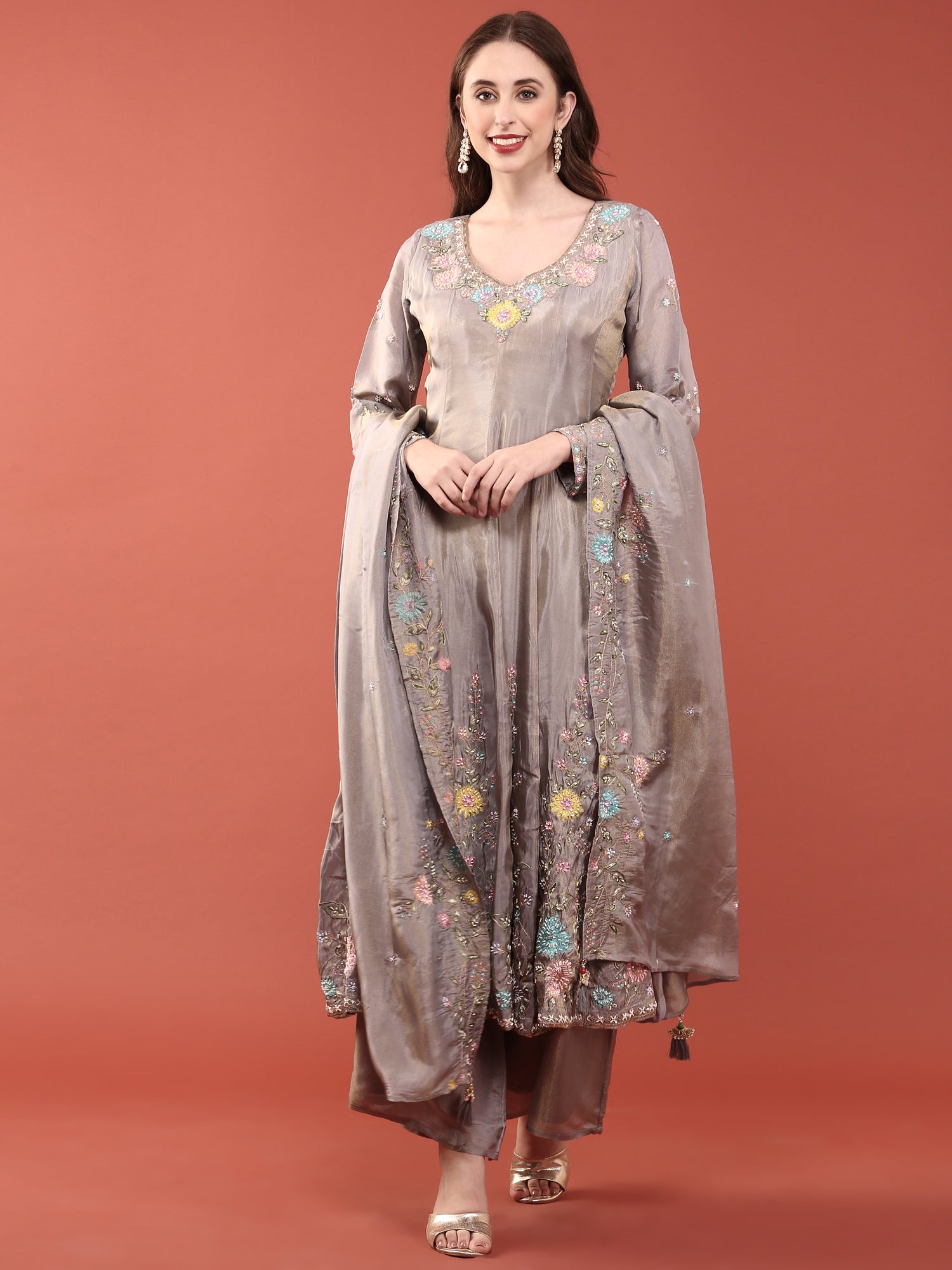 Grey Tissue Embroidery Anarkali Set